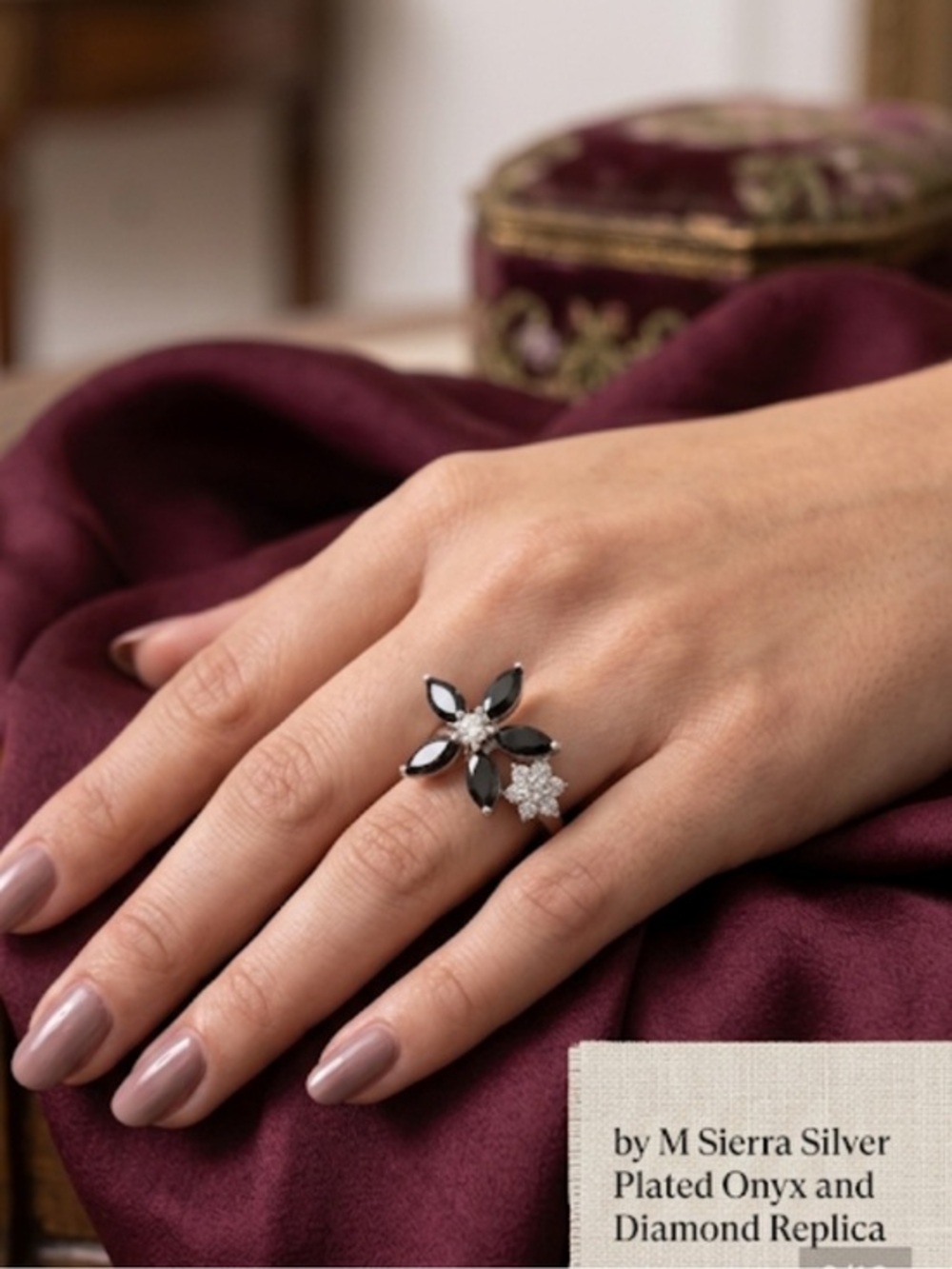 🌸 VINTAGE FLOWER RING by M Sierra Silver Plated Onyx and Diamond Replica size 9